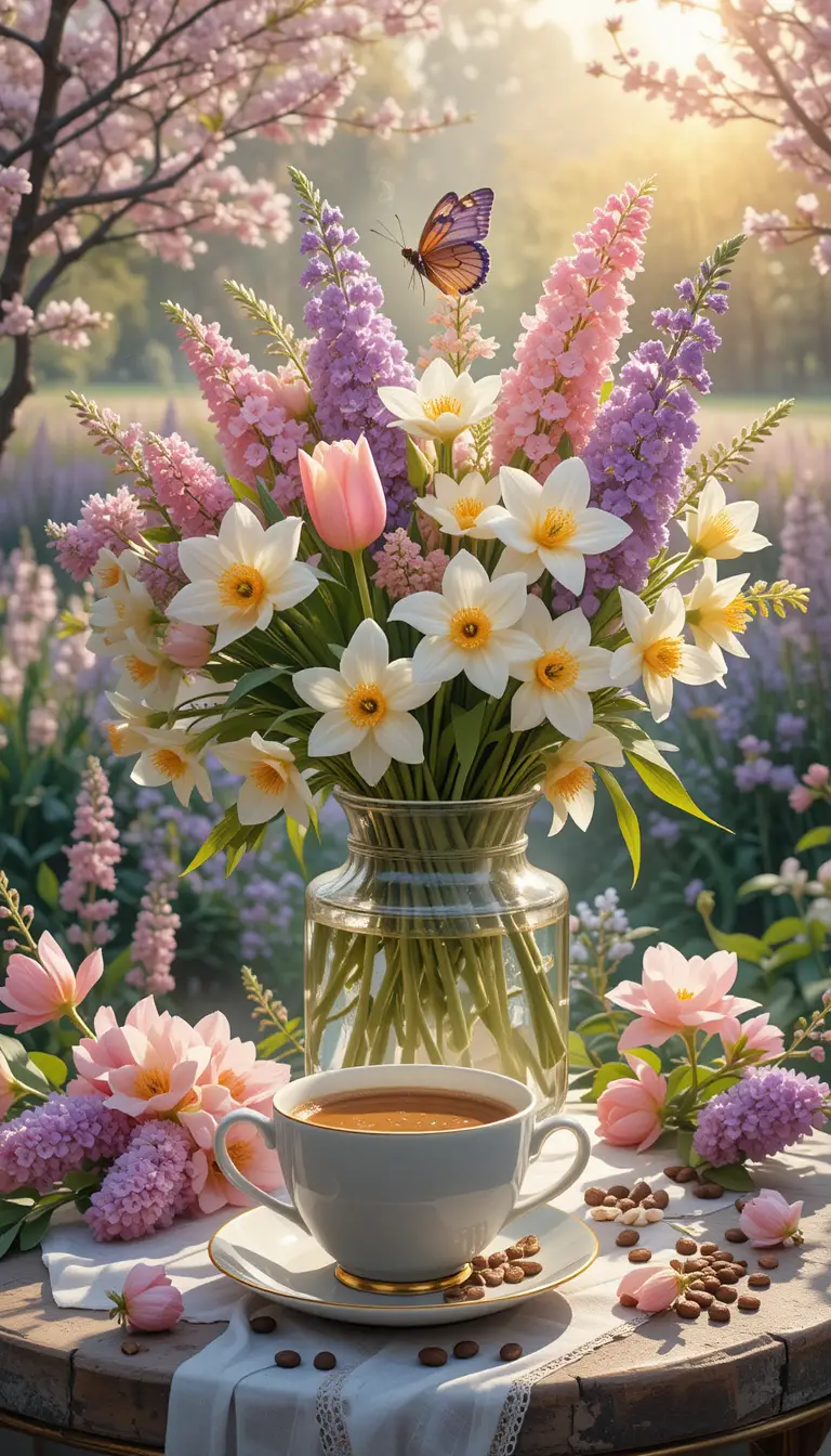 Spring flower bouquet with coffee in a blooming garden