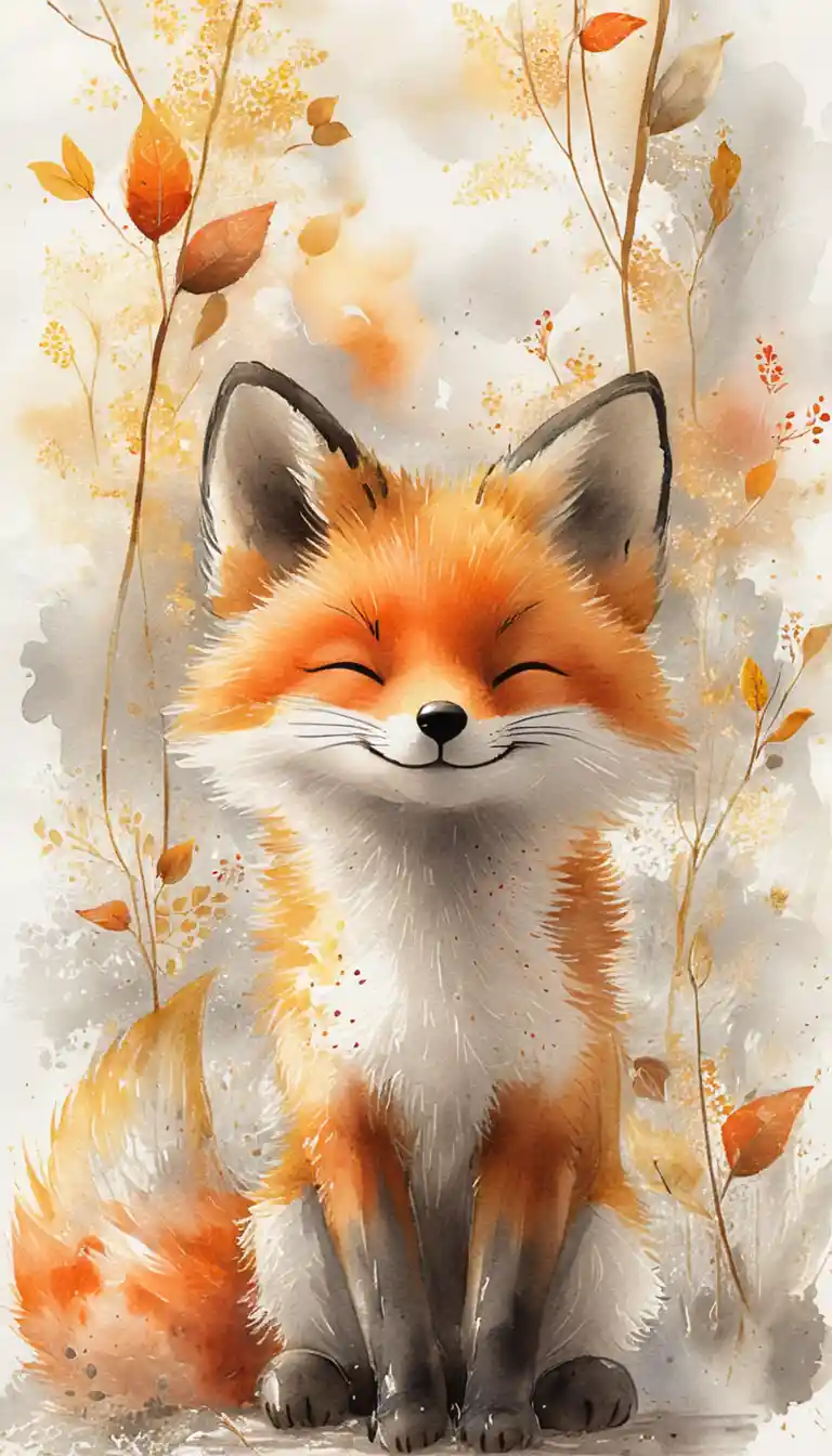 Peaceful fox among falling autumn leaves illustration
