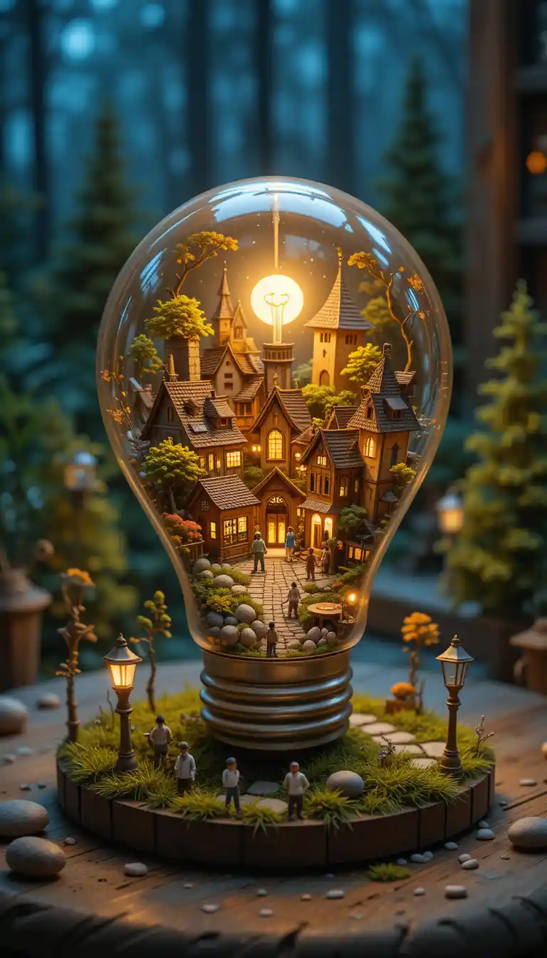 Glowing Light Bulb Holding A Tiny Fantasy Village