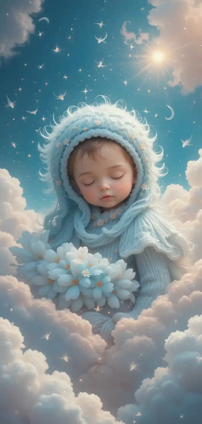 Sleeping baby on a soft pink and blue cloud sky