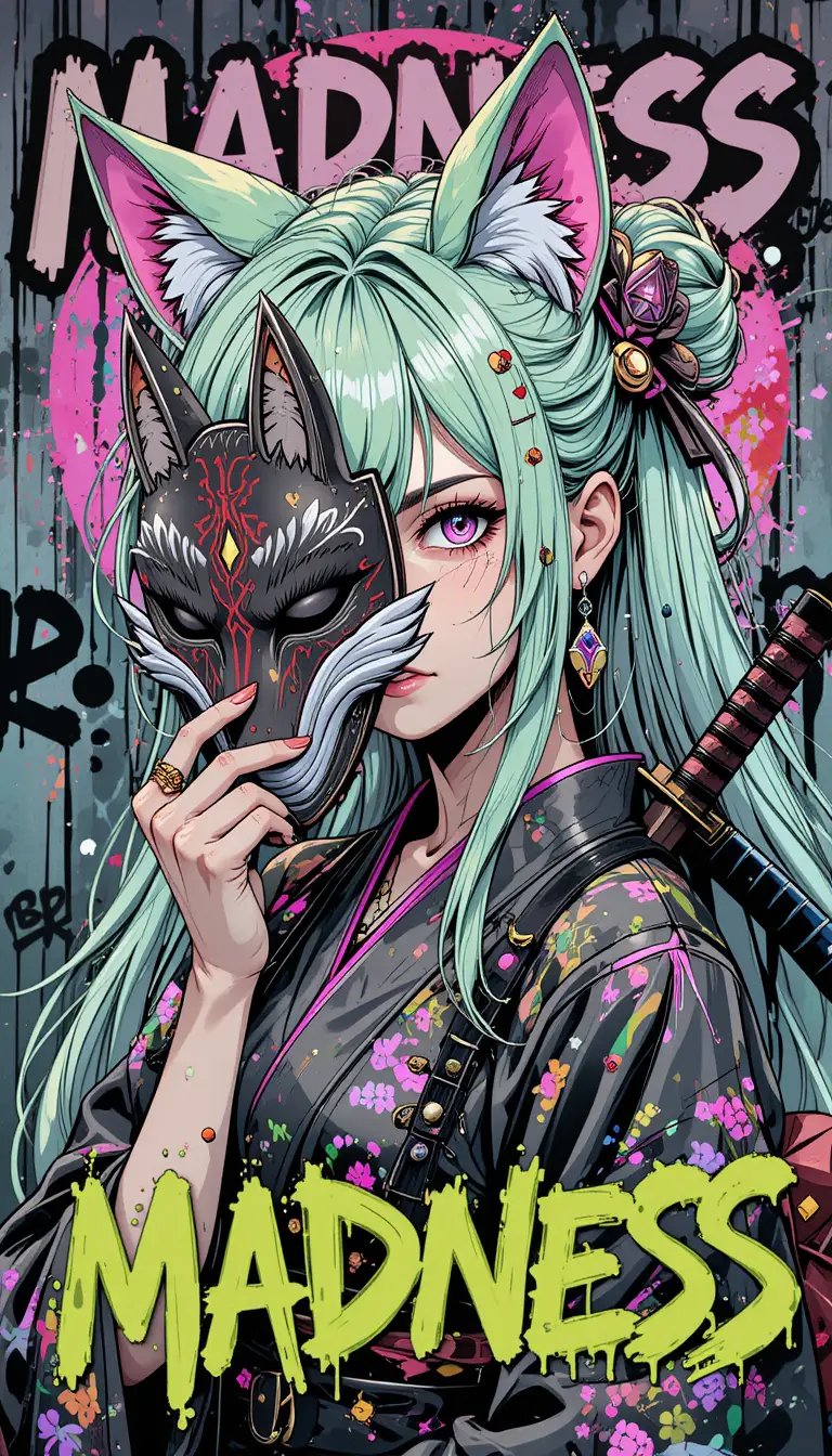 Anime girl with fox mask and neon street graffiti