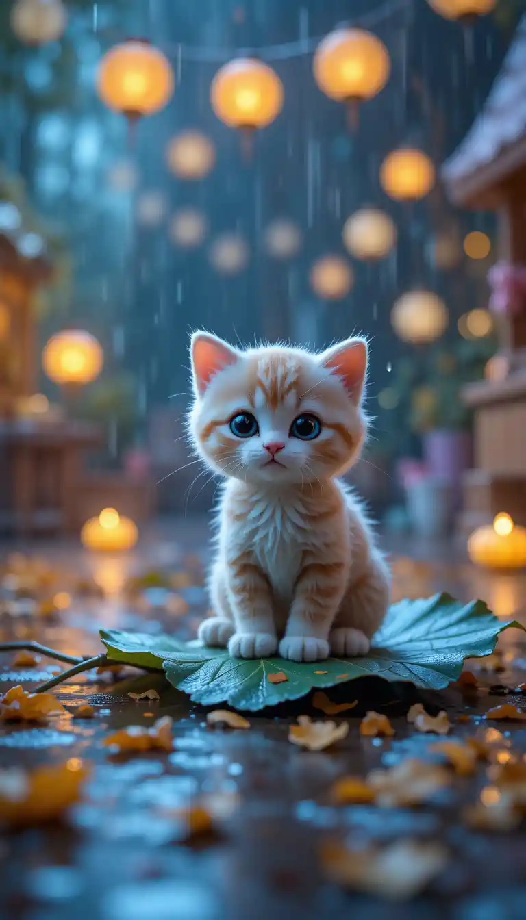 Cute cgi plush kitten on a wet leaf in playroom