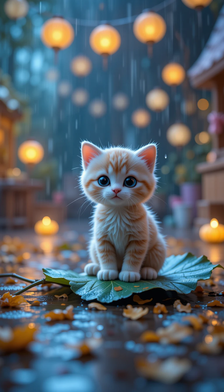 Fofo filhote de gato de pelúcia em CGI sobre folha molhada na sala de brinquedos