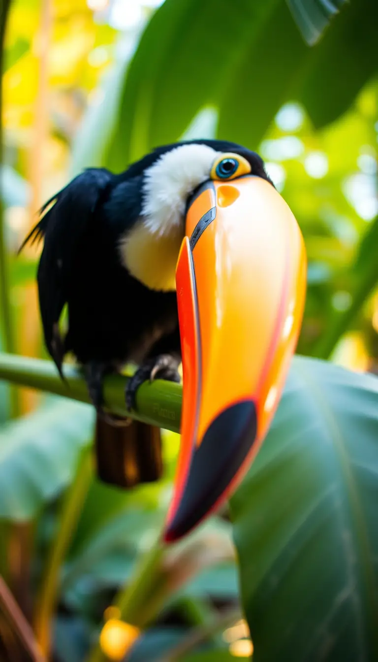 Colorful toucan perched on branch in tropical forest