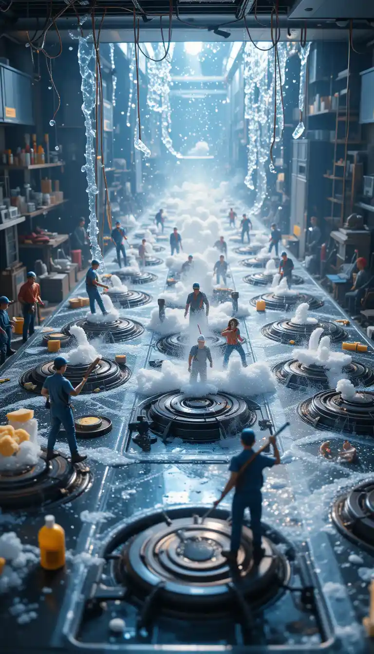 Tiny workers cleaning a giant stovetop with soap bubbles