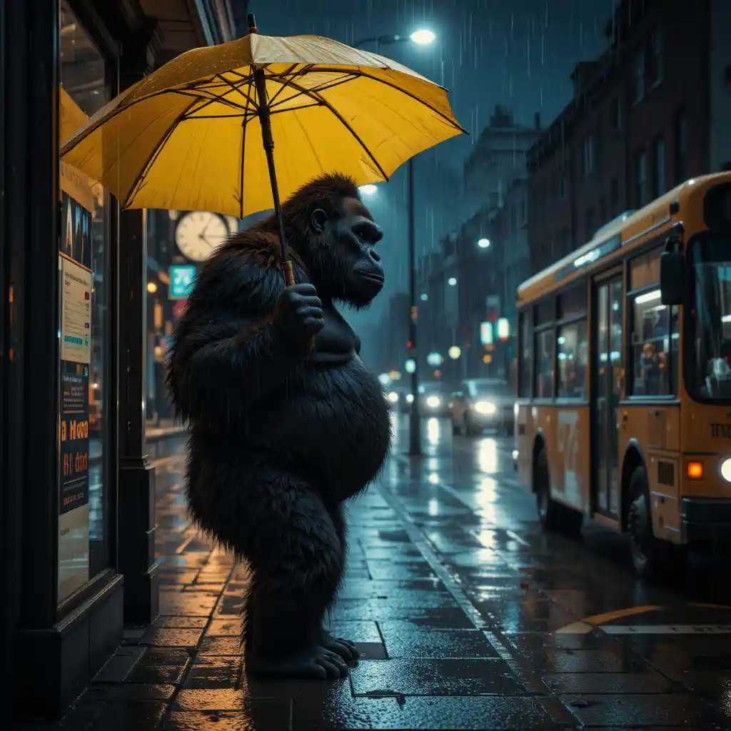 Gorille avec parapluie jaune à un arrêt de bus par une nuit pluvieuse