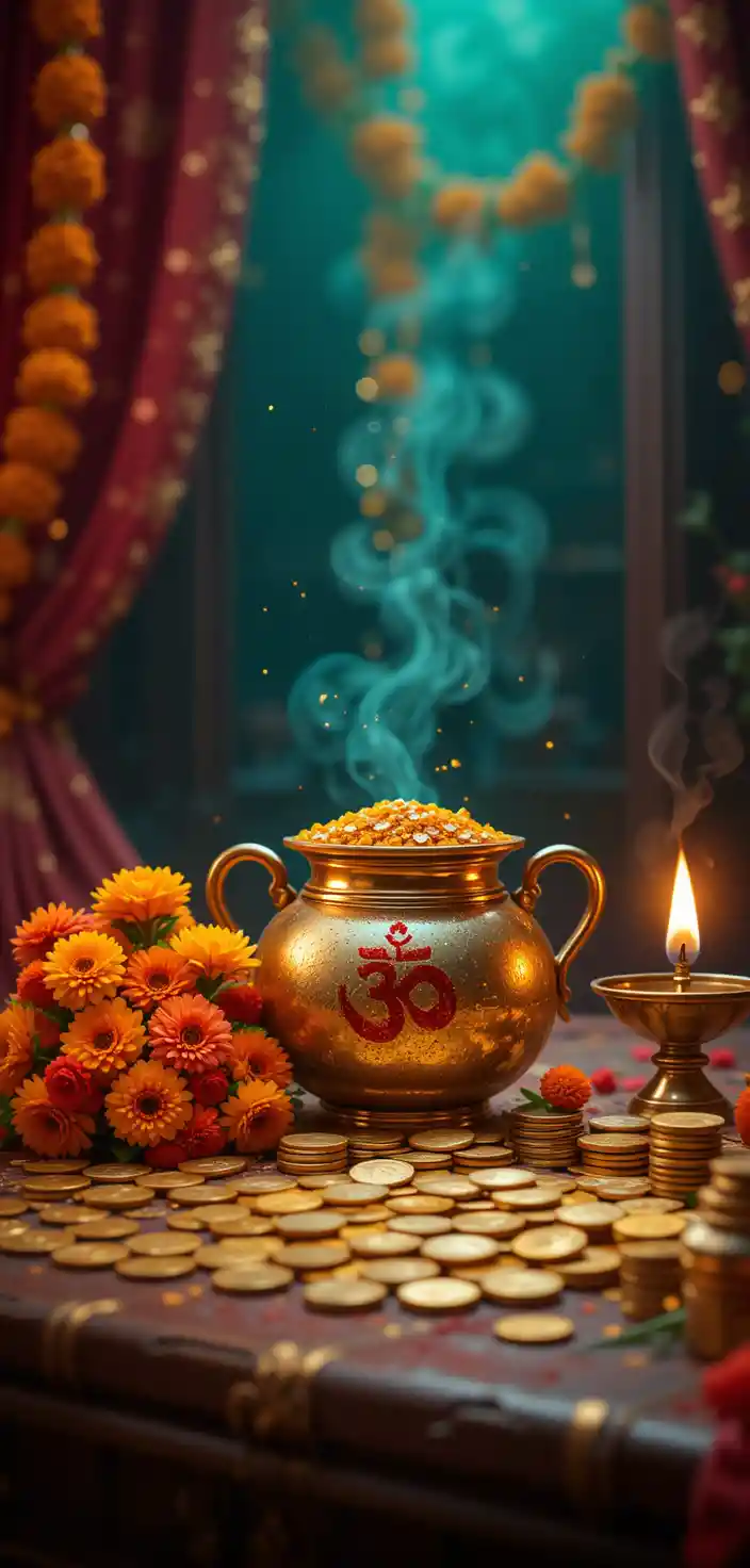 Golden pot with coins and marigolds in festive altar