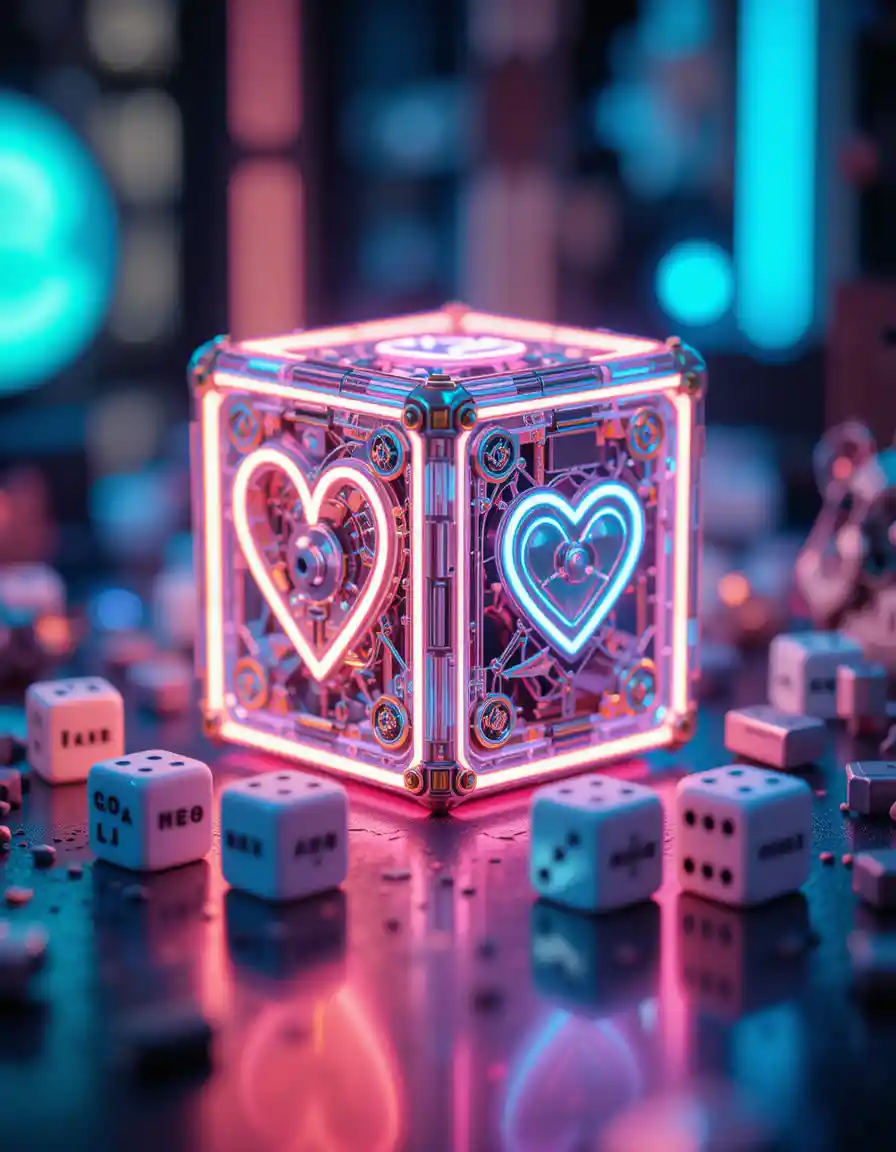 Neon mechanical cube still life with abstract depth