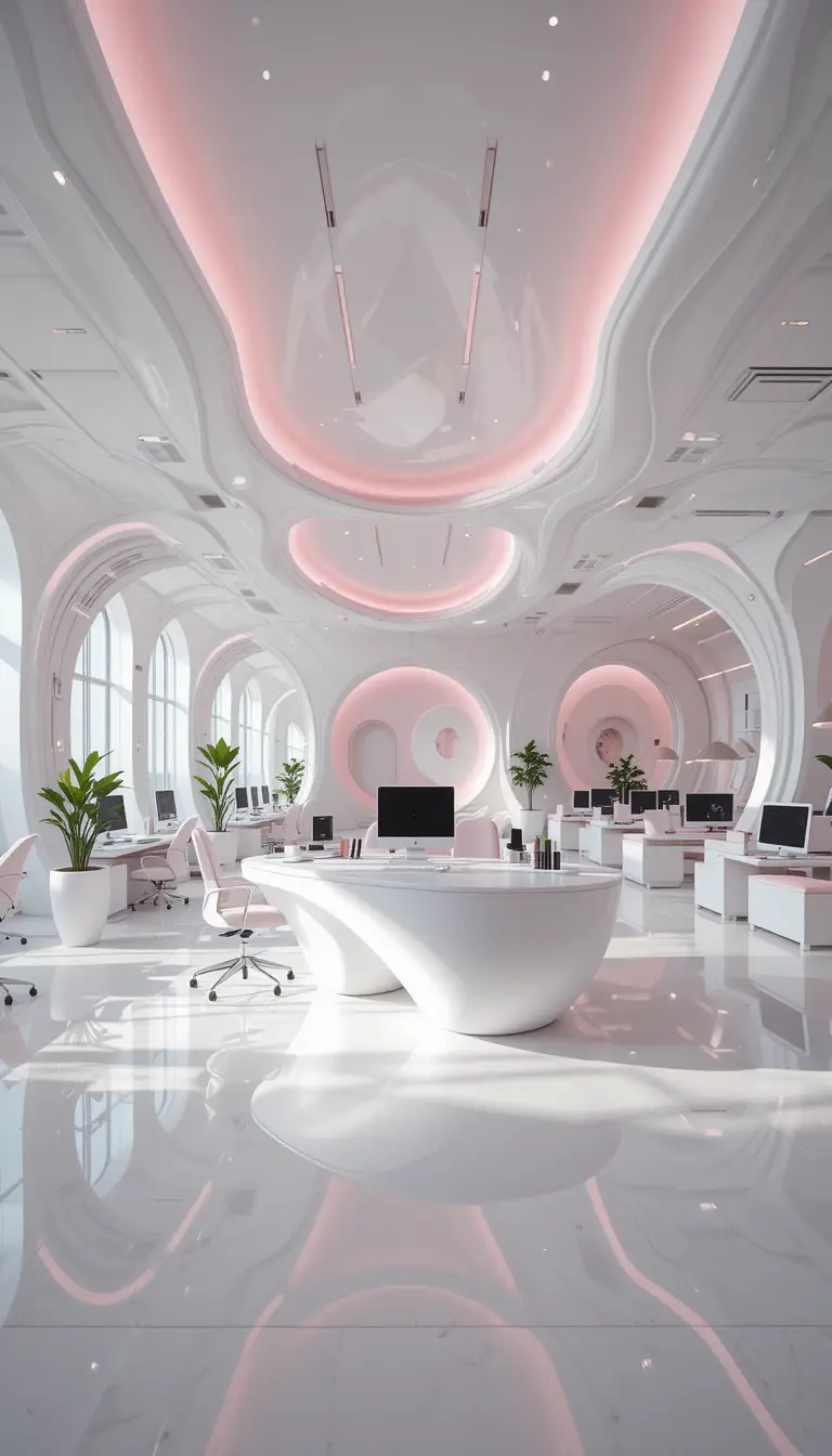 Futuristic pastel office interior with curving white desk