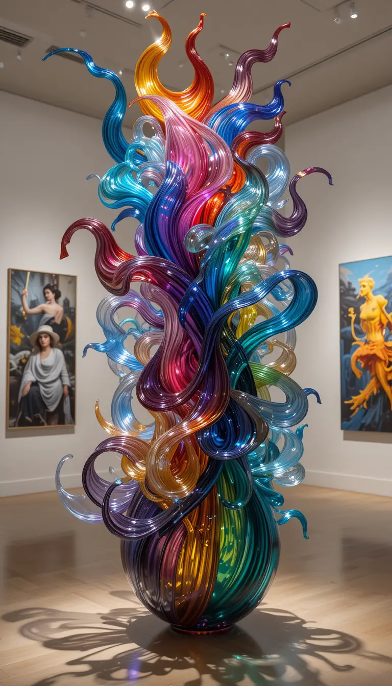 Colorful glass sculpture in a modern art gallery
