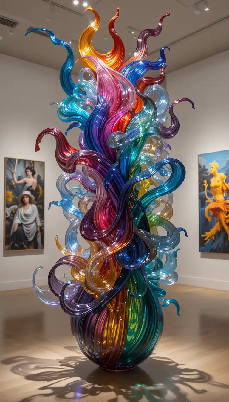 Colorful glass sculpture in a modern art gallery