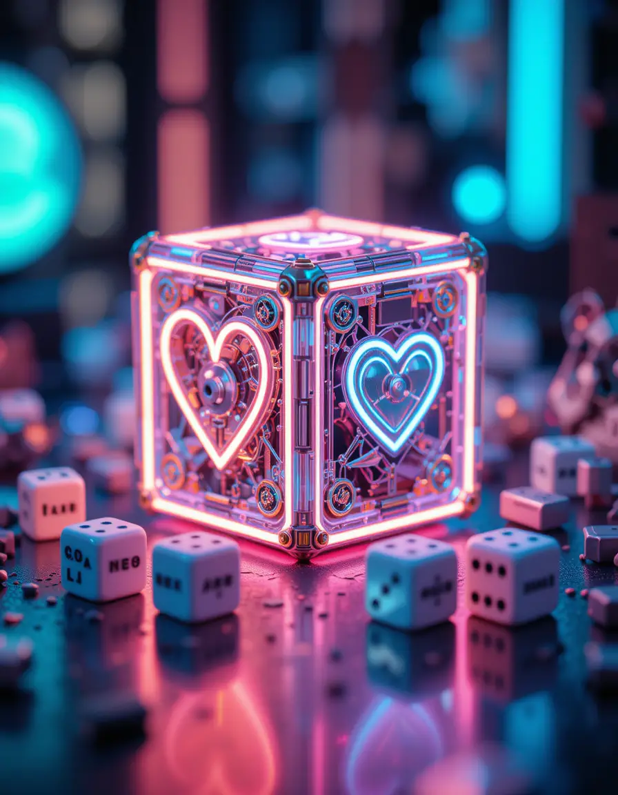 Neon mechanical cube still life with abstract depth