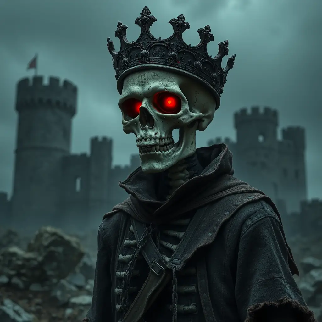 Skeleton King With Glowing Red Eyes In Castle Ruins