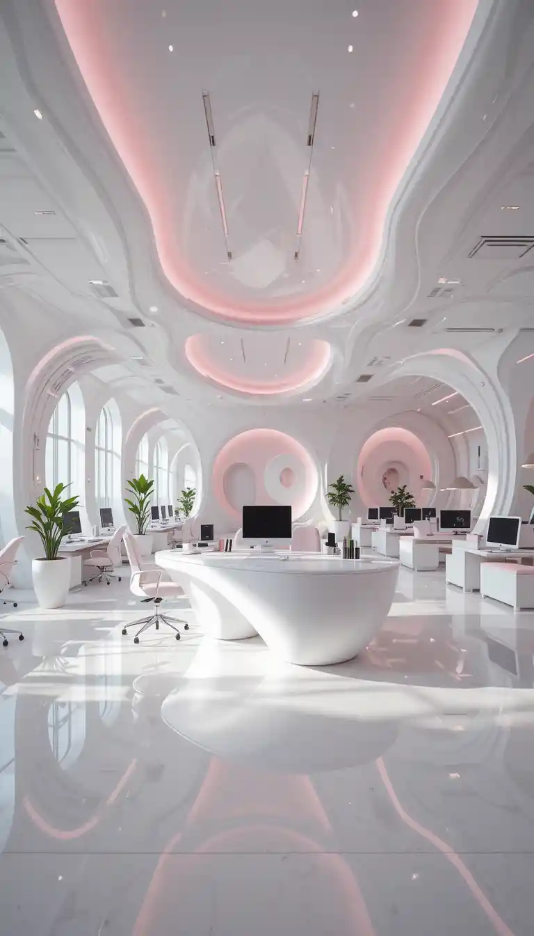 Futuristic pastel office interior with curving white desk