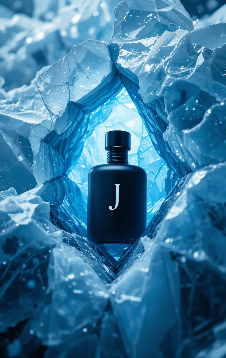Macro perfume bottle resting in shattered glacial ice