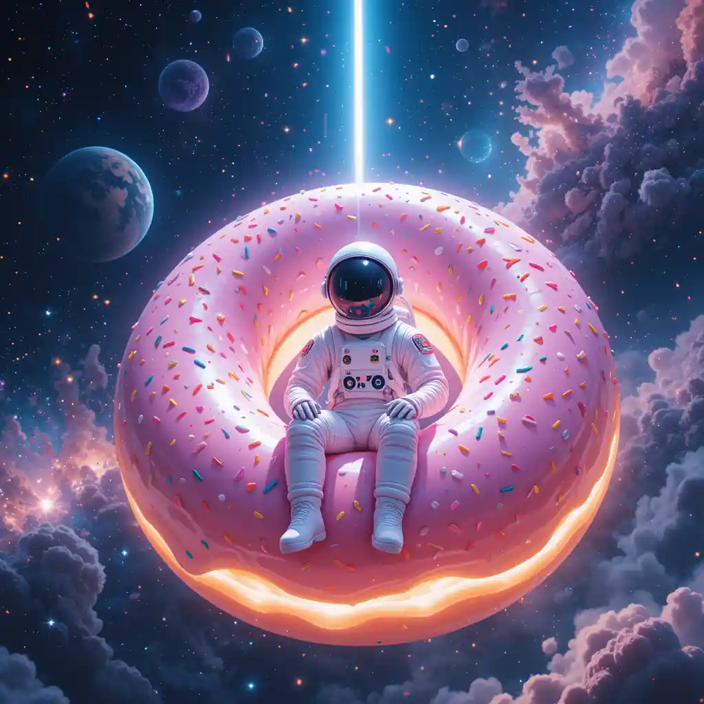 Astronaut Resting Inside A Giant Pink Donut In Space