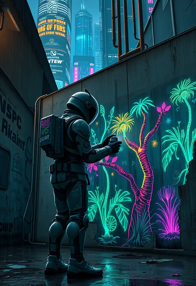 Graffiti Artist Painting Bioluminescent Forest In Neon Alley