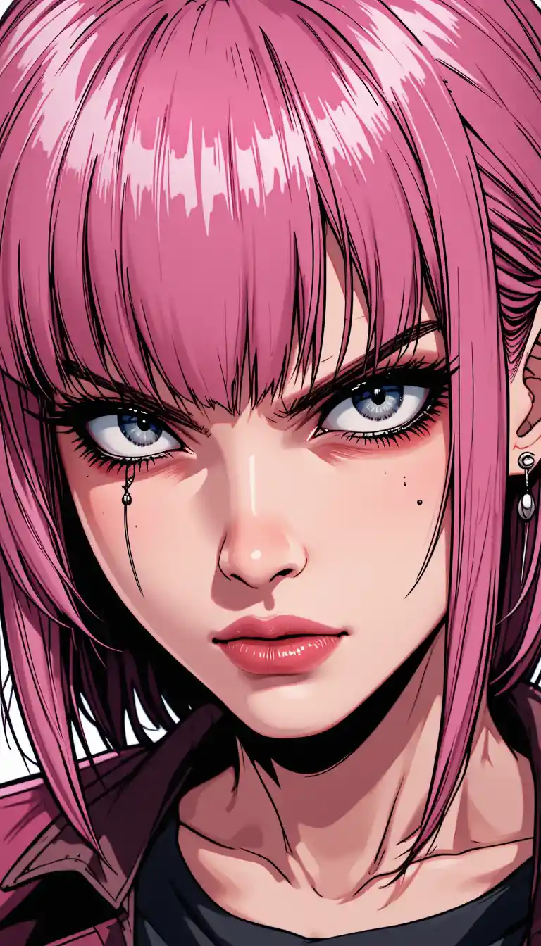 Menacing girl with scar and dark pink hair portrait