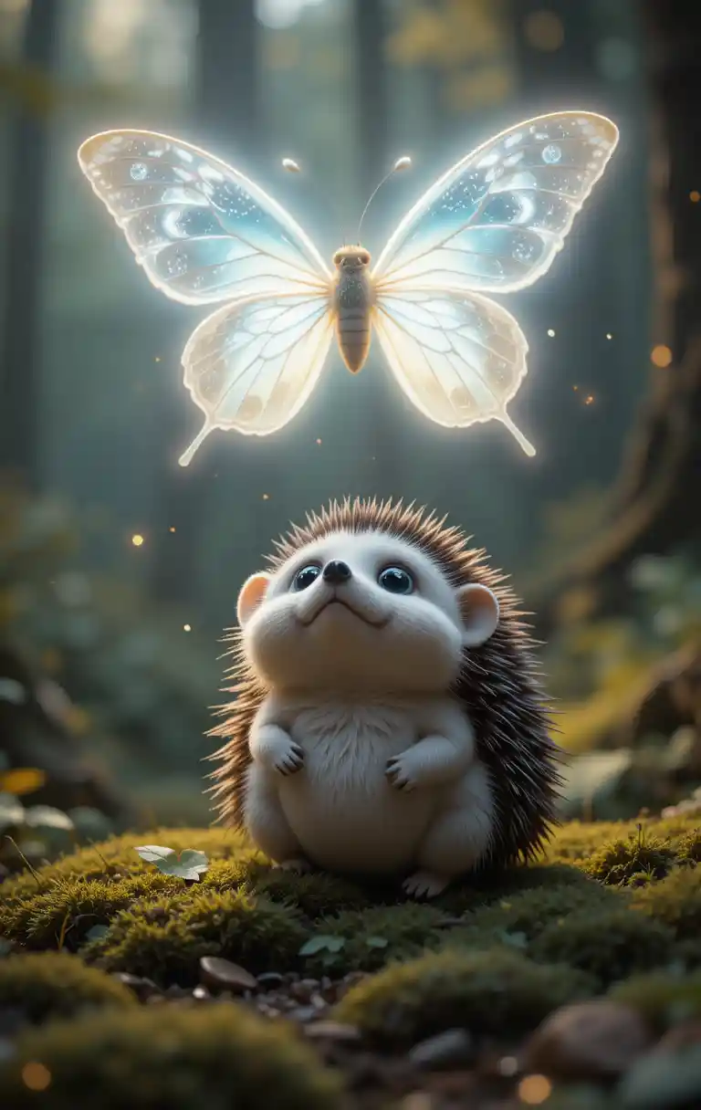 Magical hedgehog gazing at glowing lunar butterfly