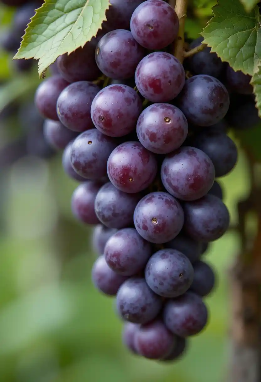 Close up of ripe purple grapes on green vine
