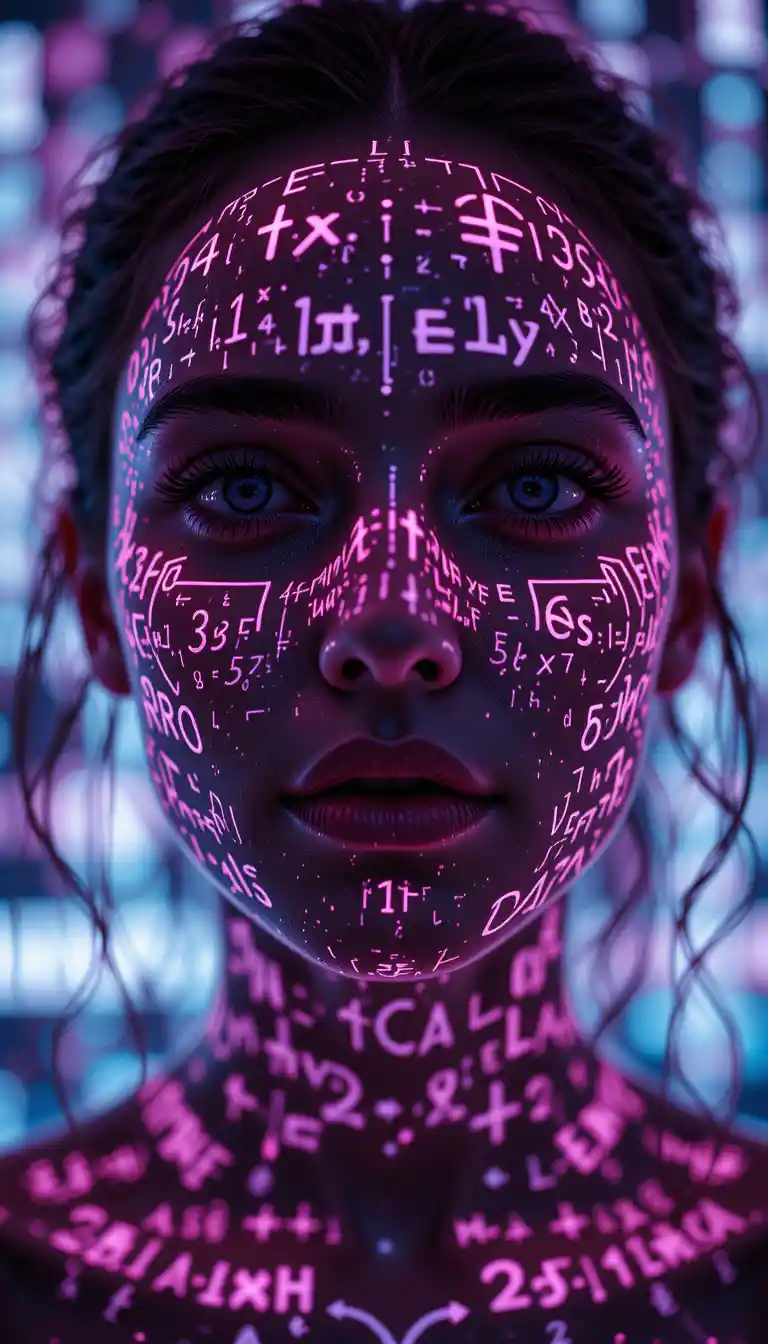 Neon equations projected on a womans face close up