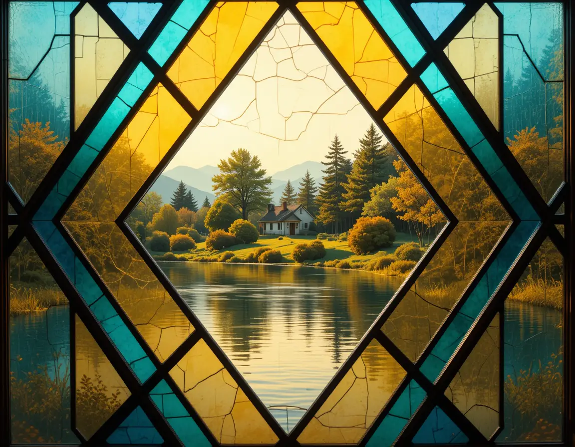 Vibrant stained glass view over calm water and house