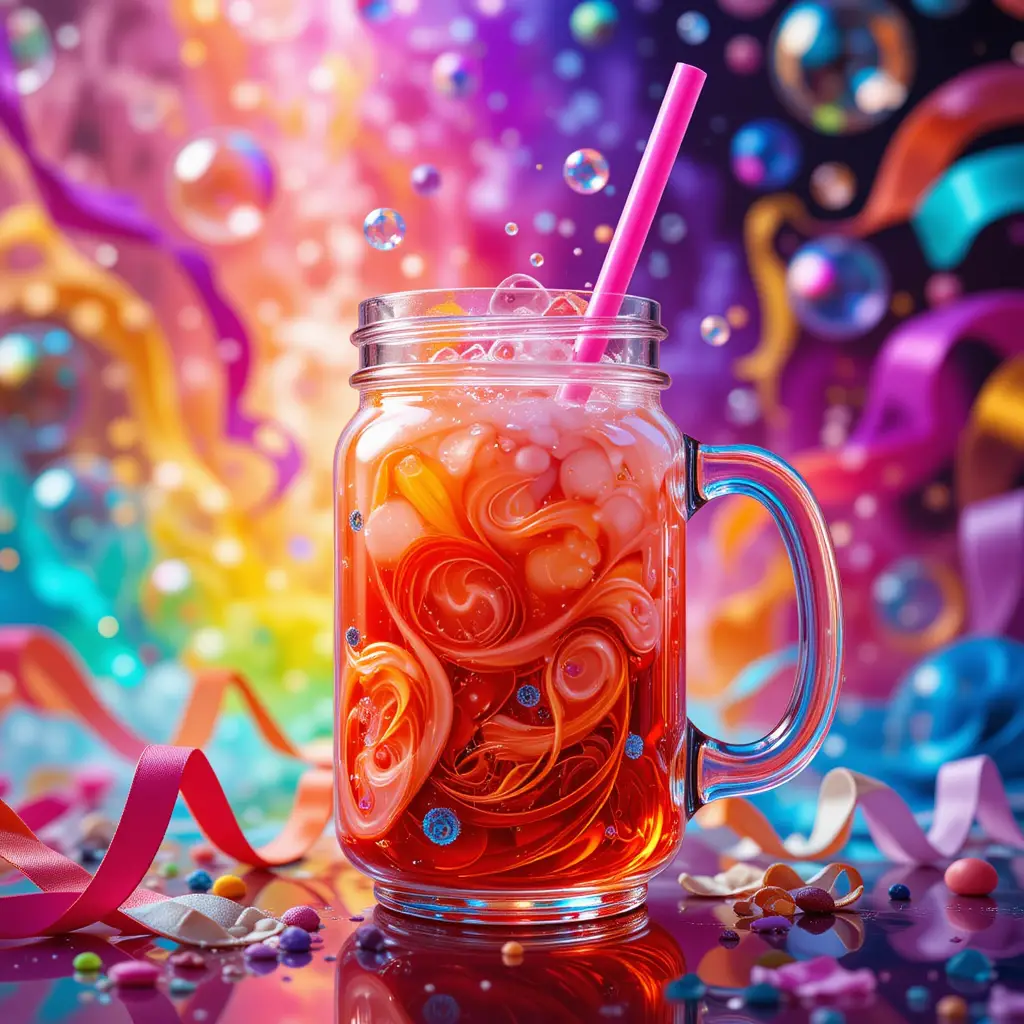 Colorful glass mug with swirling orange and red drink