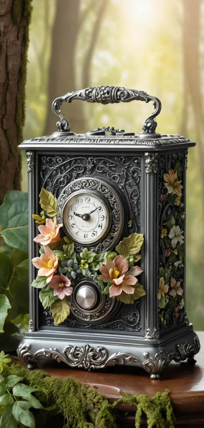 Vintage music box surrounded by colorful forest flowers