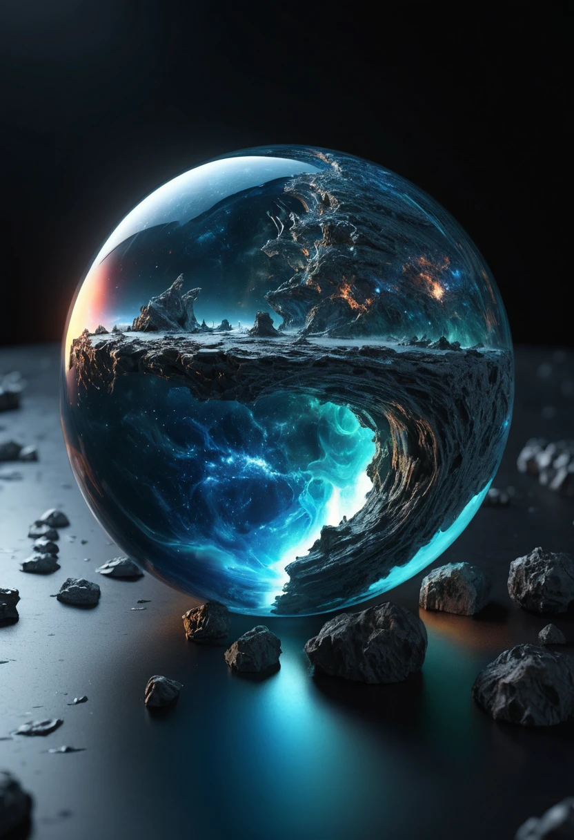 Esfera planetaria metálica surreal que fusiona la Luna y la Tierra