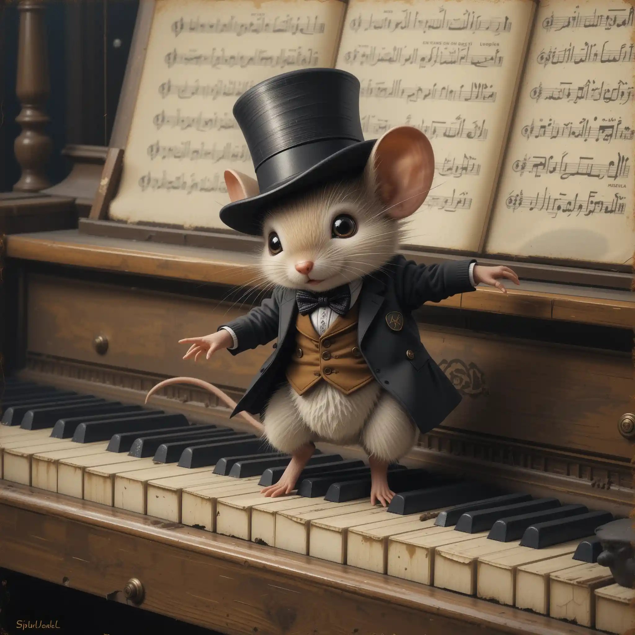 Cute mouse dancing on an old piano in vintage painting