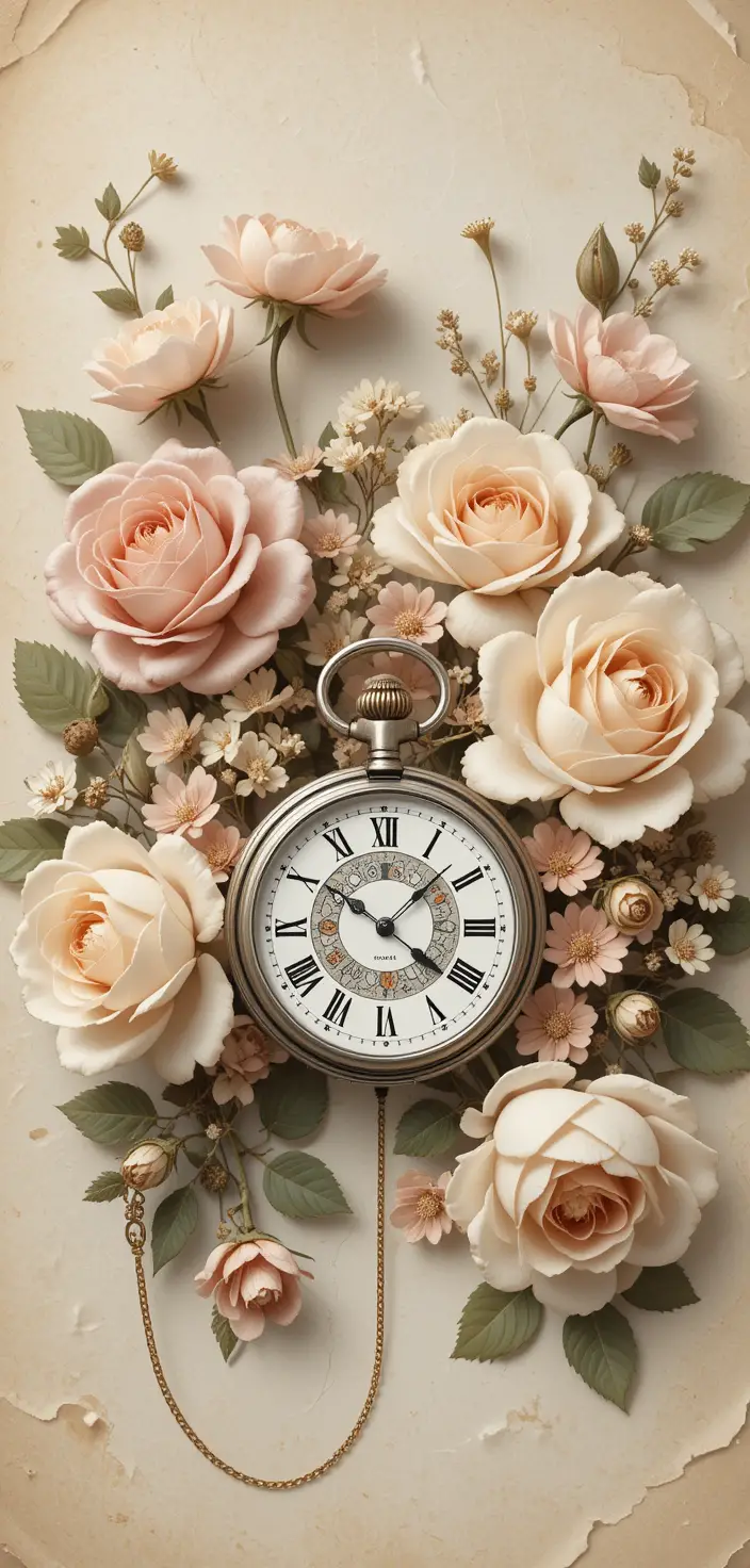 Vintage pocket watch with roses on parchment background