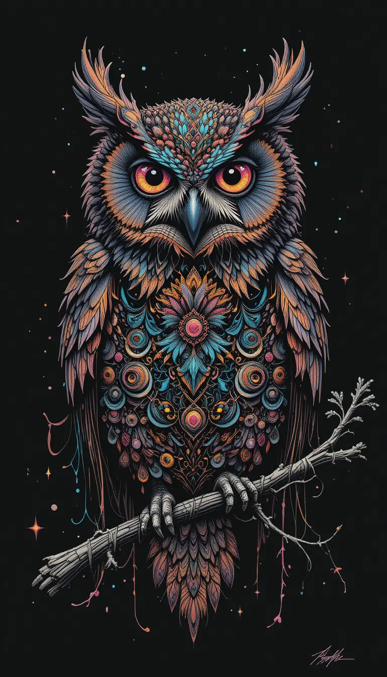 Surreal abstract owl illusion in colorful ink art