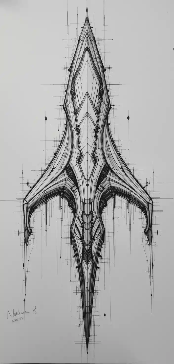 Disegno lineare astratto di un concept di astronave simmetrica