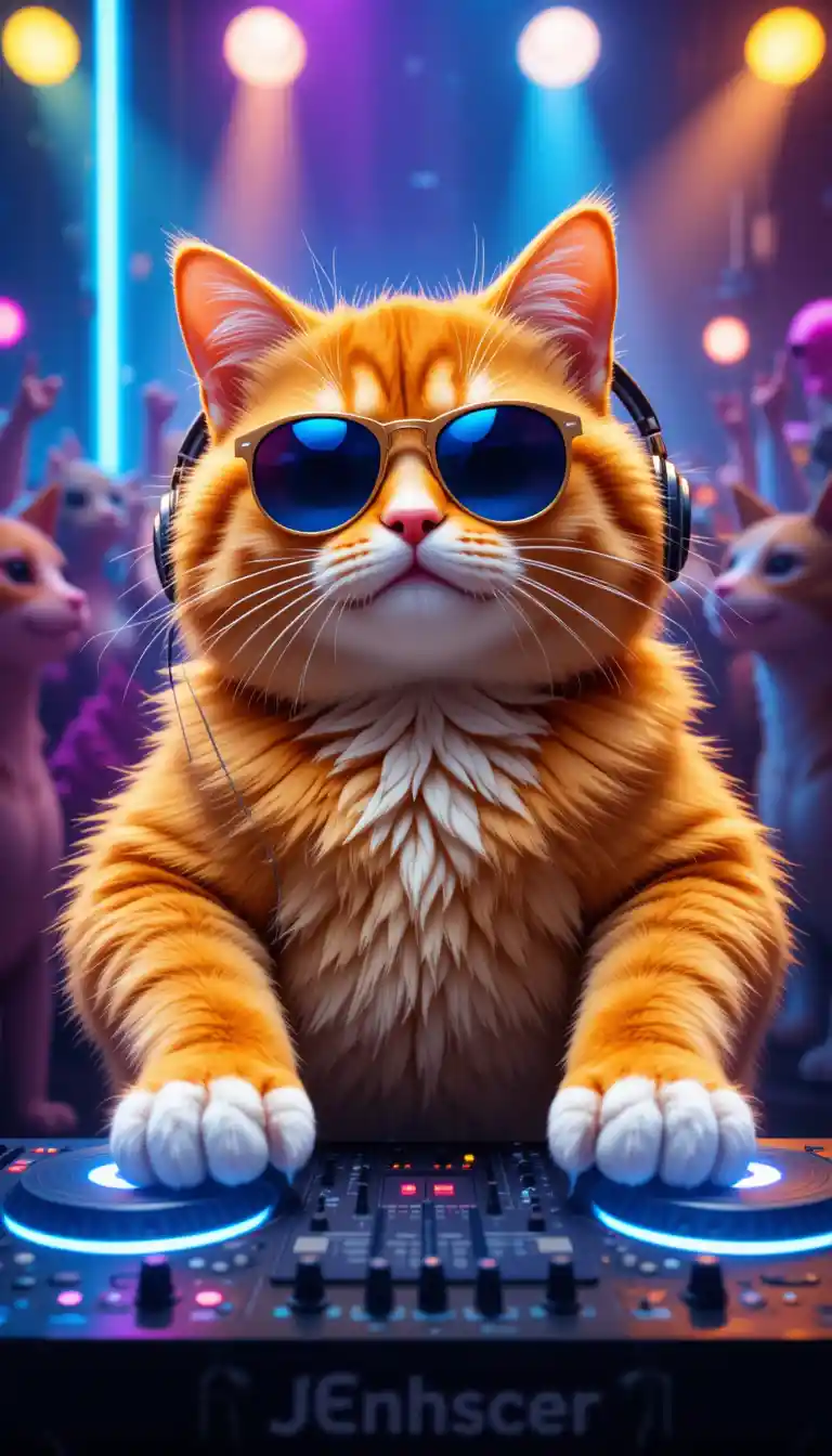 Chubby orange dj cat at a neon animal party
