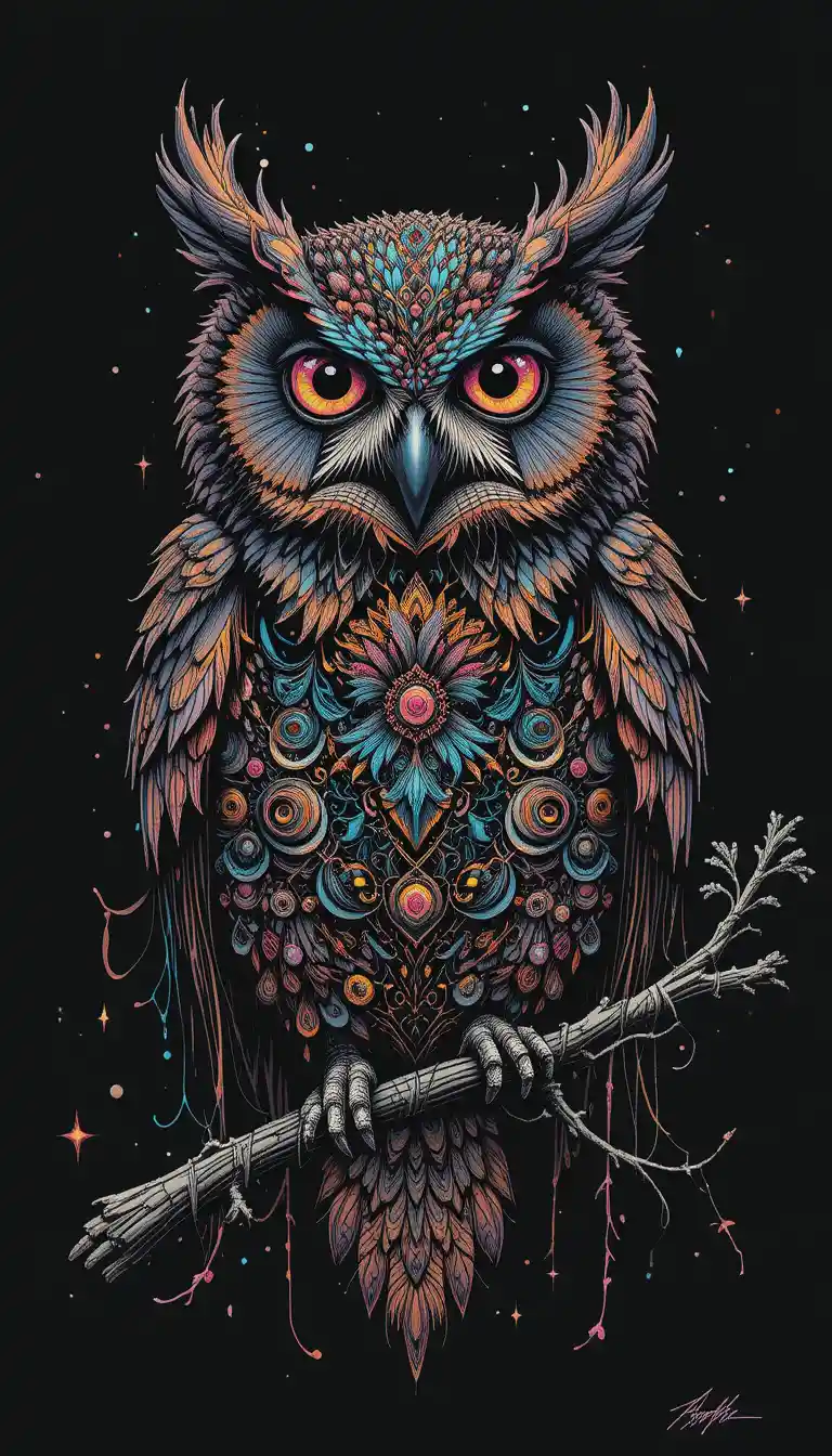 Surreal abstract owl illusion in colorful ink art