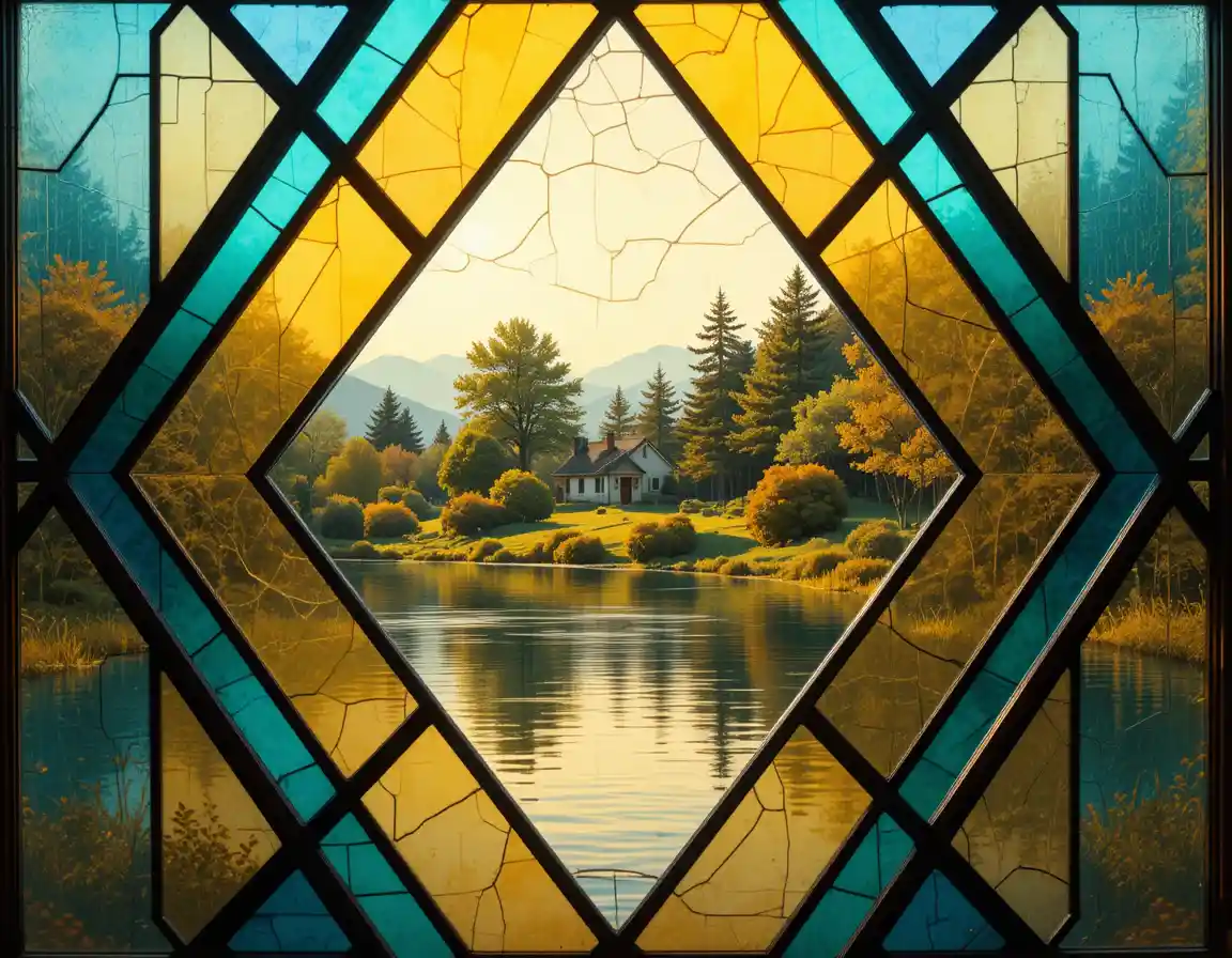Vue vibrante en vitrail sur une eau calme et une maison