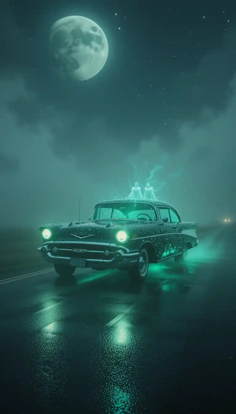 Ghostly classic car on a foggy moonlit road