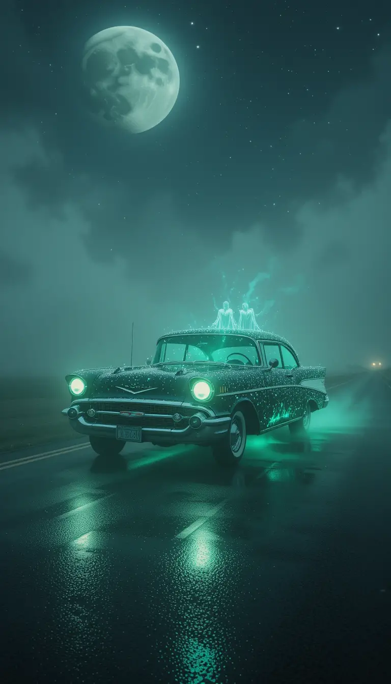 Ghostly classic car on a foggy moonlit road