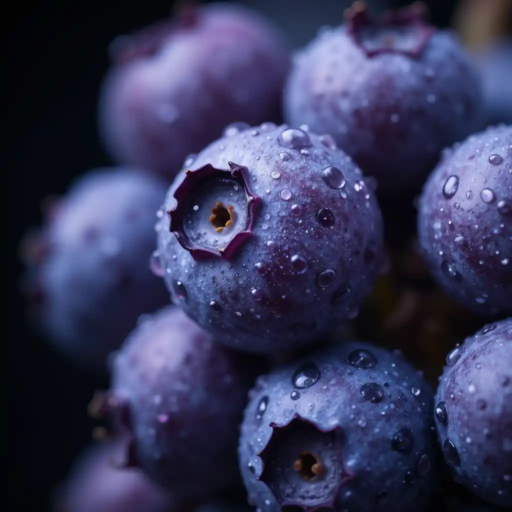 Close up blueberry cluster with water droplets in soft focus