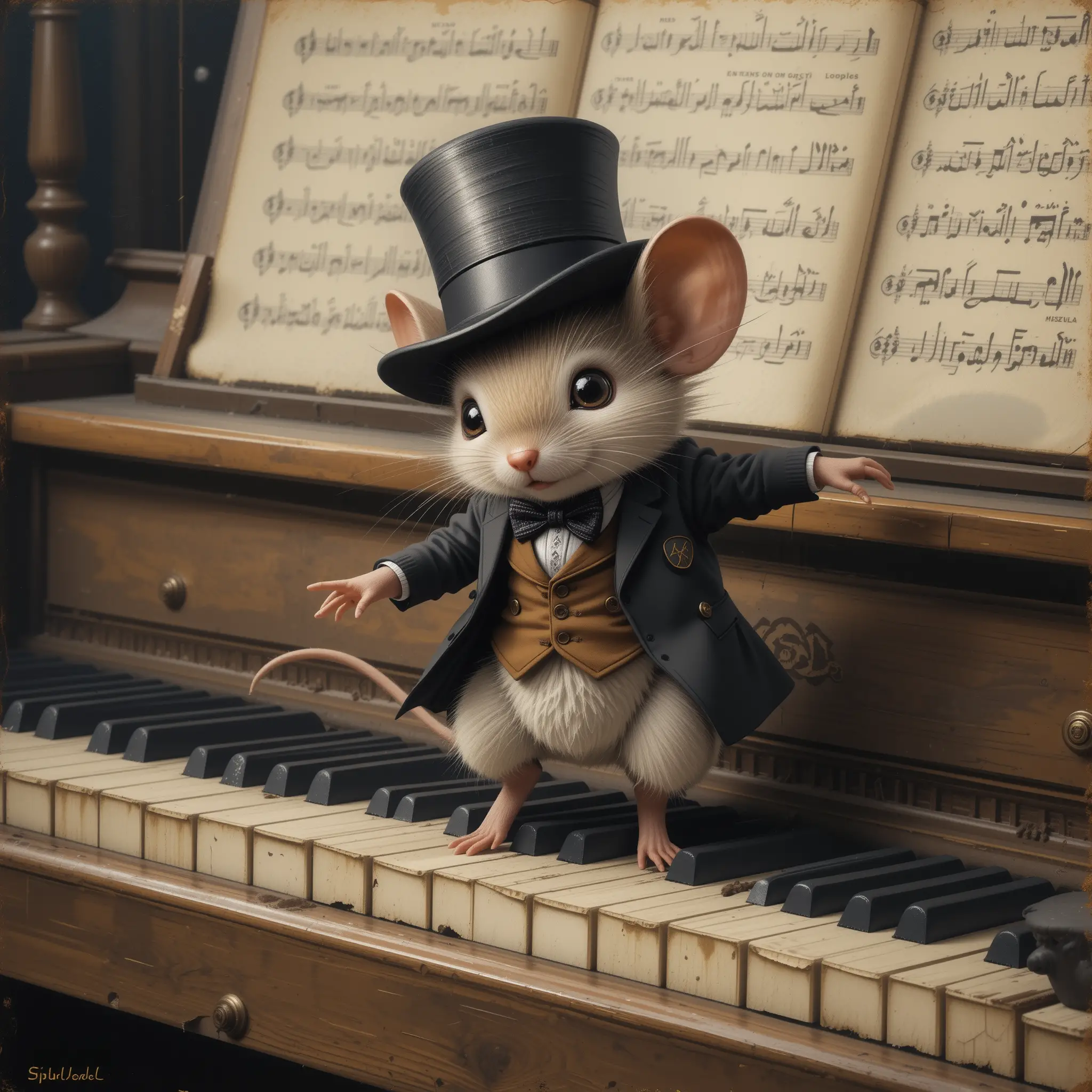 Cute mouse dancing on an old piano in vintage painting