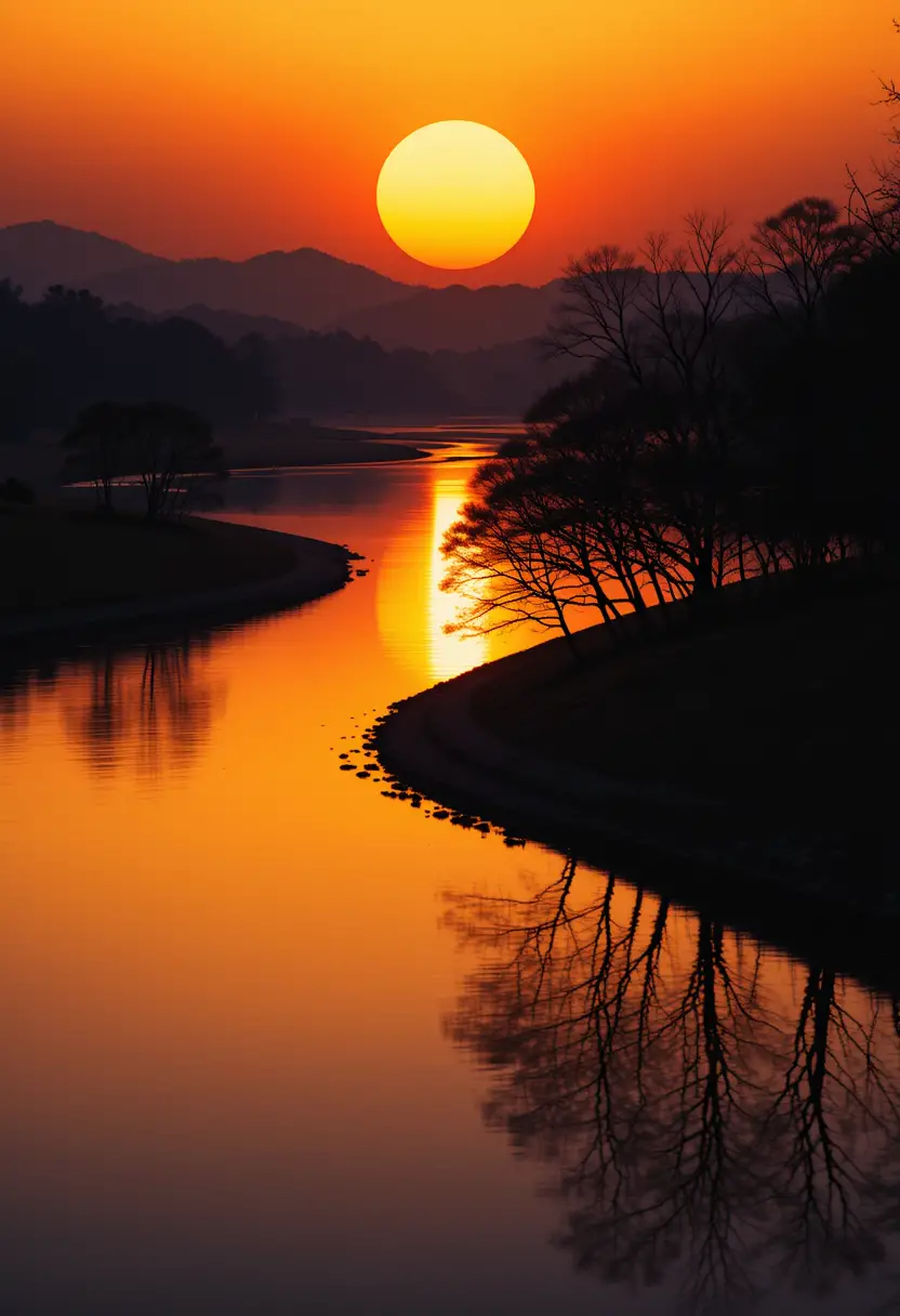Serene river landscape glowing under a fiery sunset sky