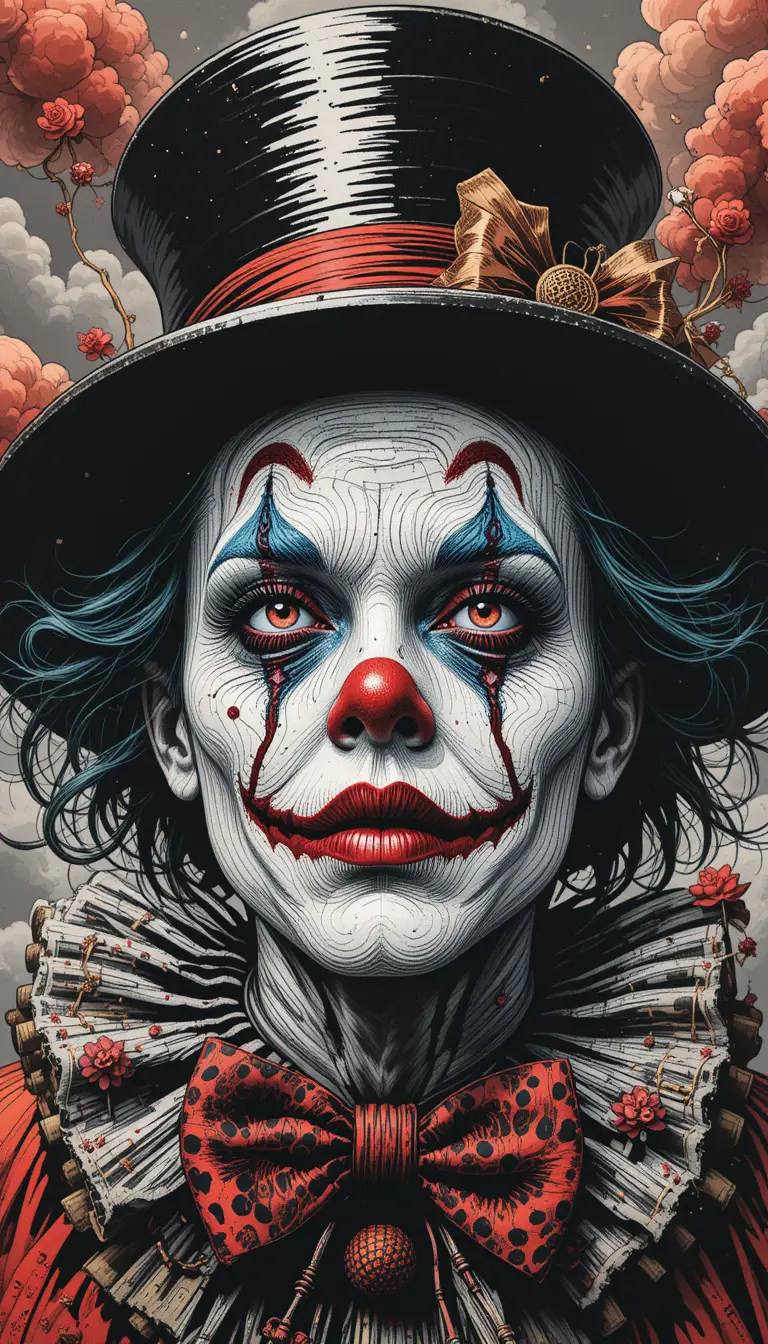 Surreal black ink illusion art with colorful clown drama