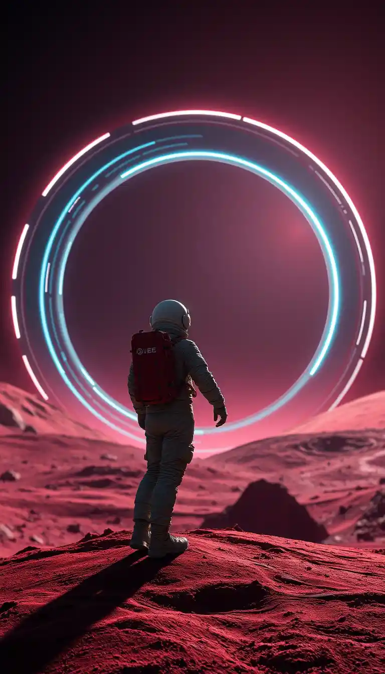 Astronaut Watching Futuristic Space Ring On Red Alien World