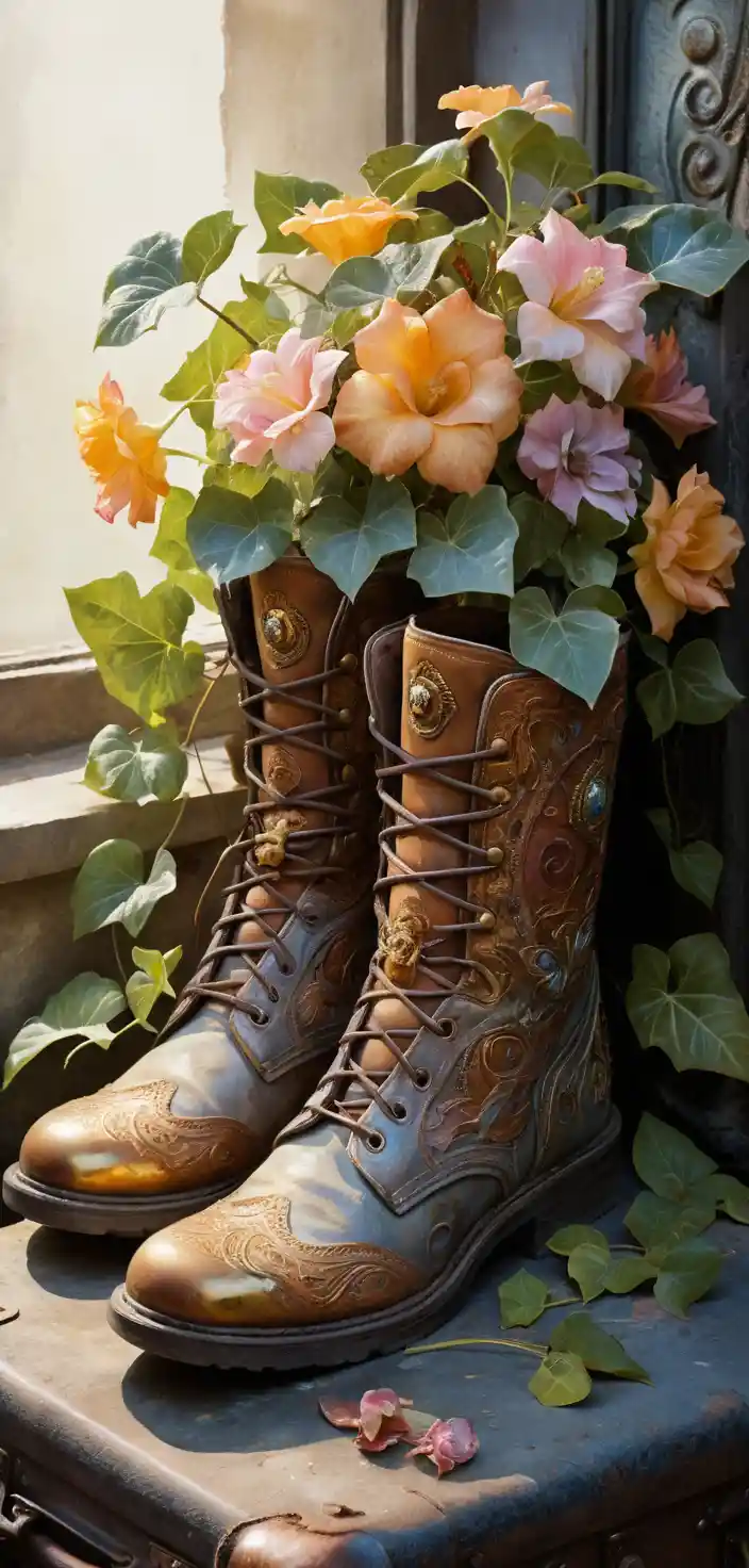 Rustic golden boot amid ivy and blossoms illustration