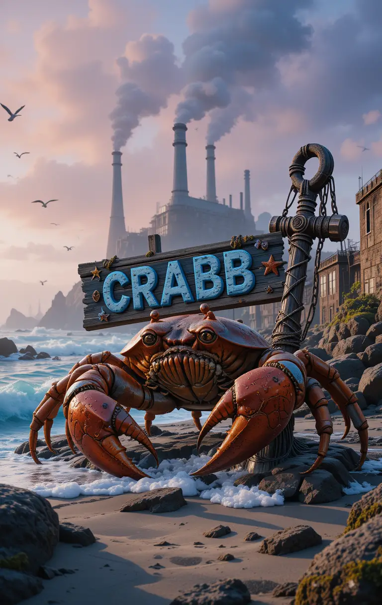 Giant armored crab standing on rocks by the sea