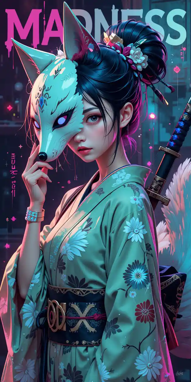 Anime girl with fox mask and katana in neon madness