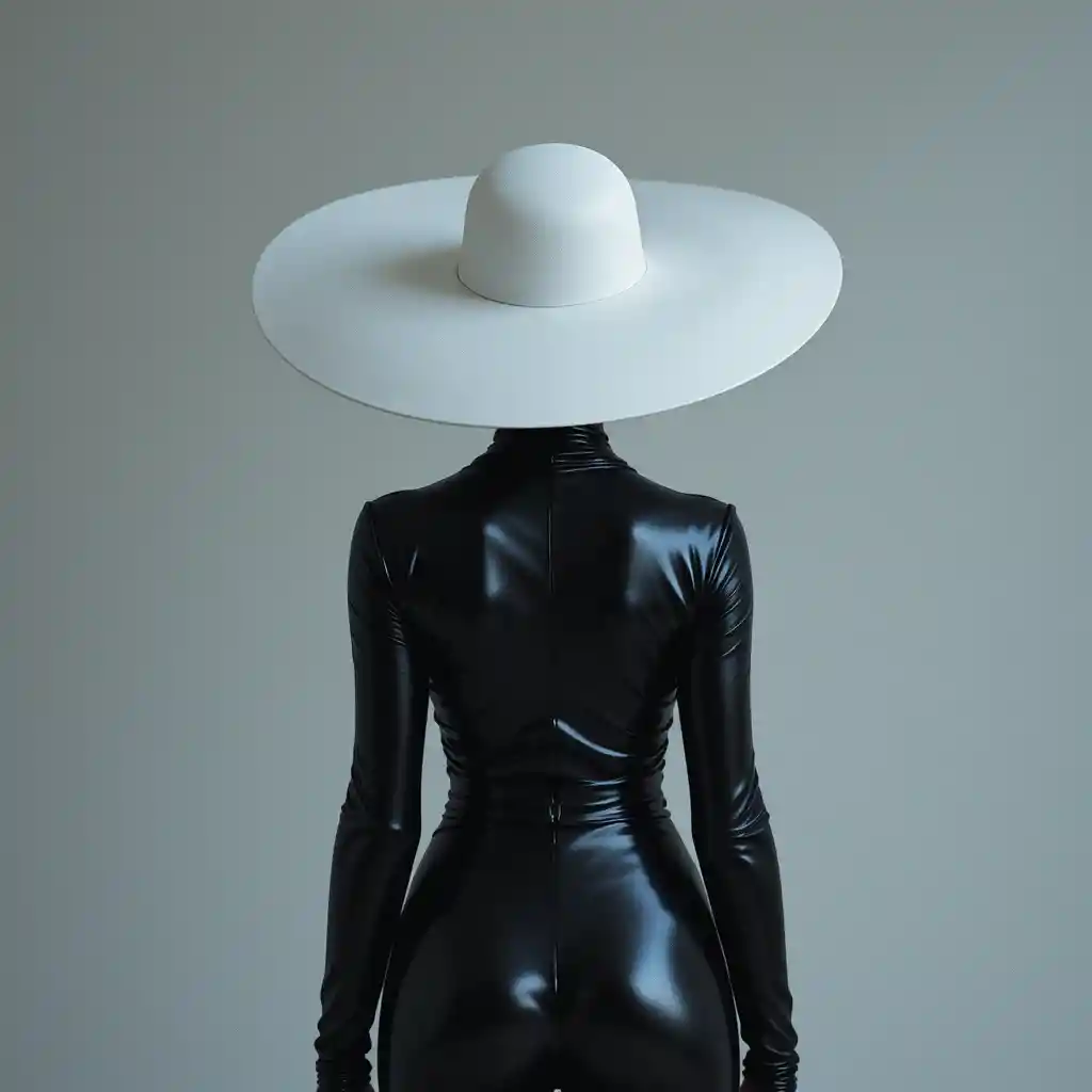 Woman in black outfit with large white hat