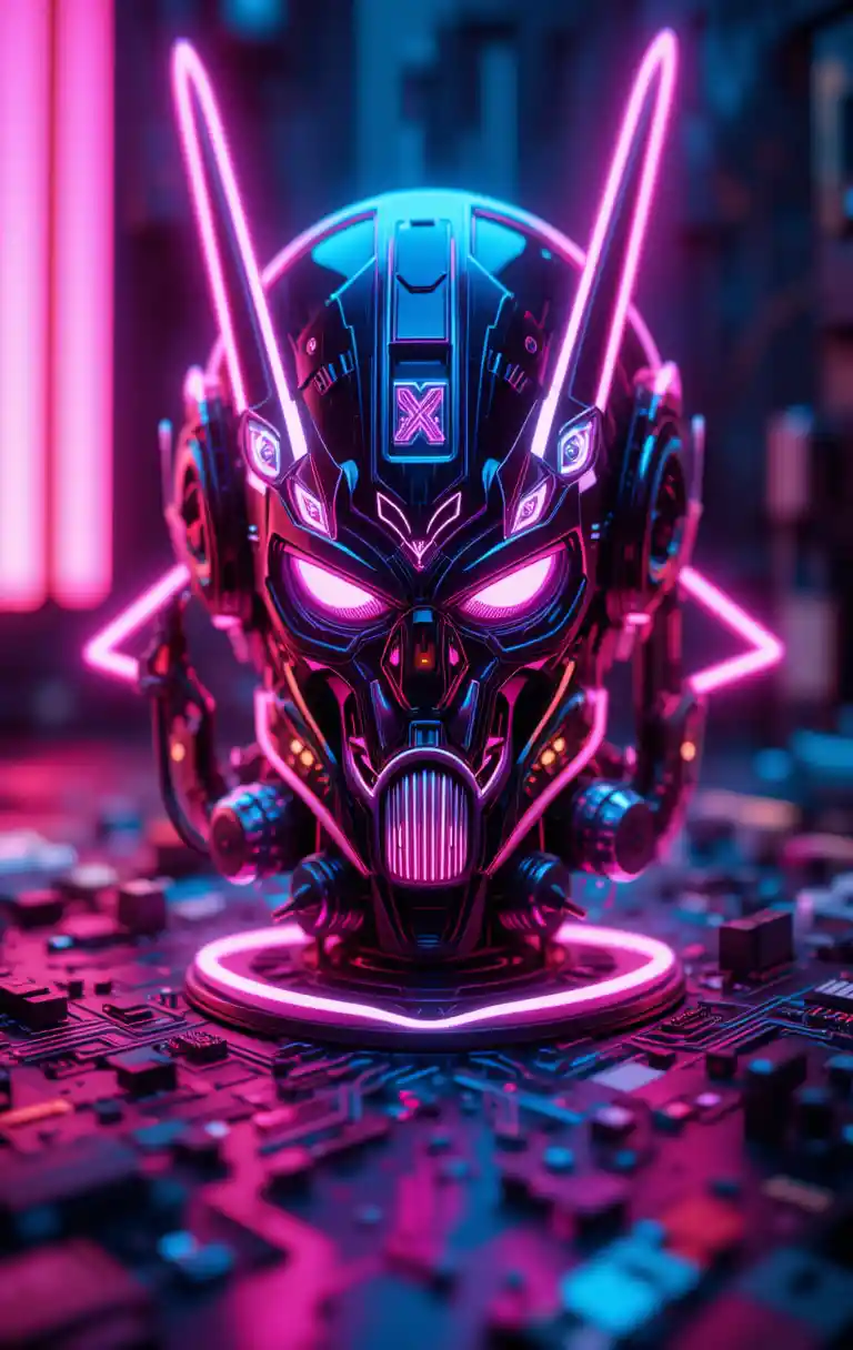 Neon mechanical warrior logo with futuristic symmetry