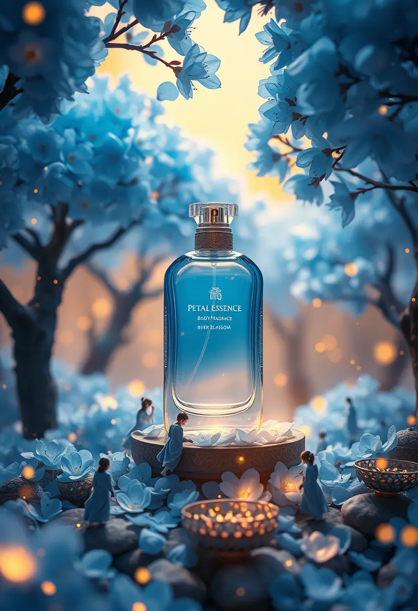 Floating celestial garden with glowing blue blossom trees