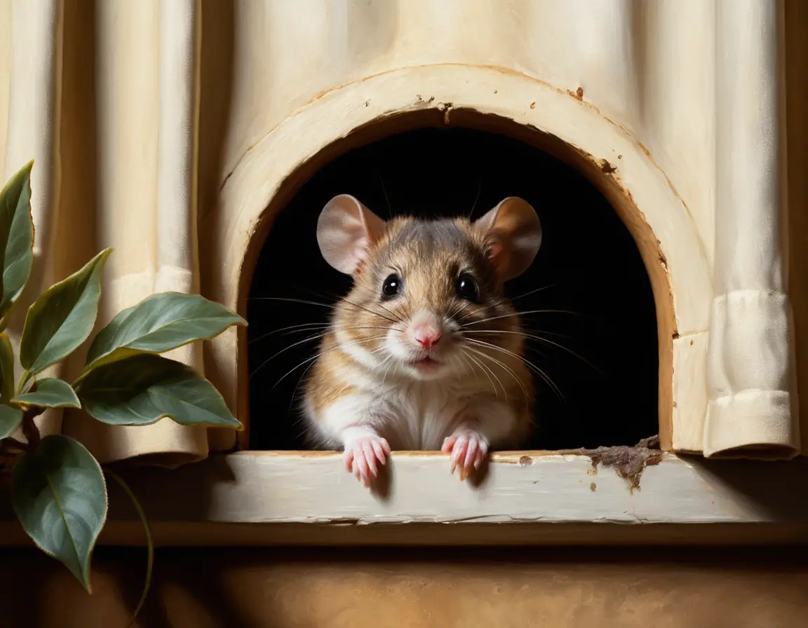 Curious mouse peeking from a wall mouse hole
